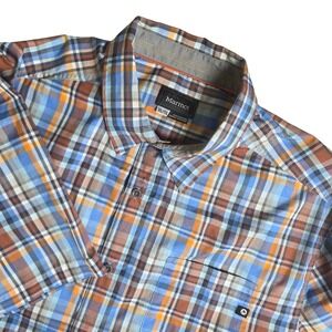 Marmot Plaid Shirt Mens XL Blue Orange Short Sleeve Hiking Checkered Outdoor